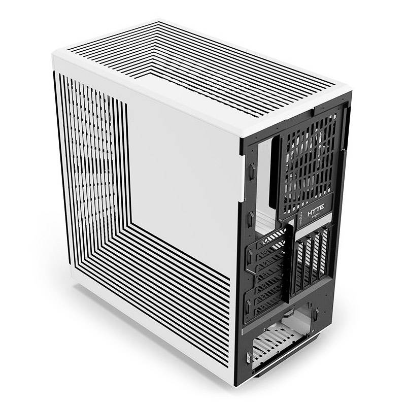 Een wit computerbehuizing met zwart gestreept design, open aan de voor- en bovenkant, toont vakken en bevestigingen aan de binnenkant.