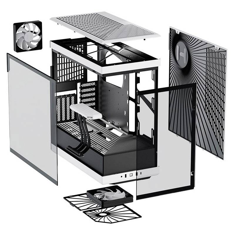 Geëxplodeerde weergave van een computerbehuizing met zichtbaar afneembare onderdelen zoals zijpanelen, ventilatoren en interne componenten.