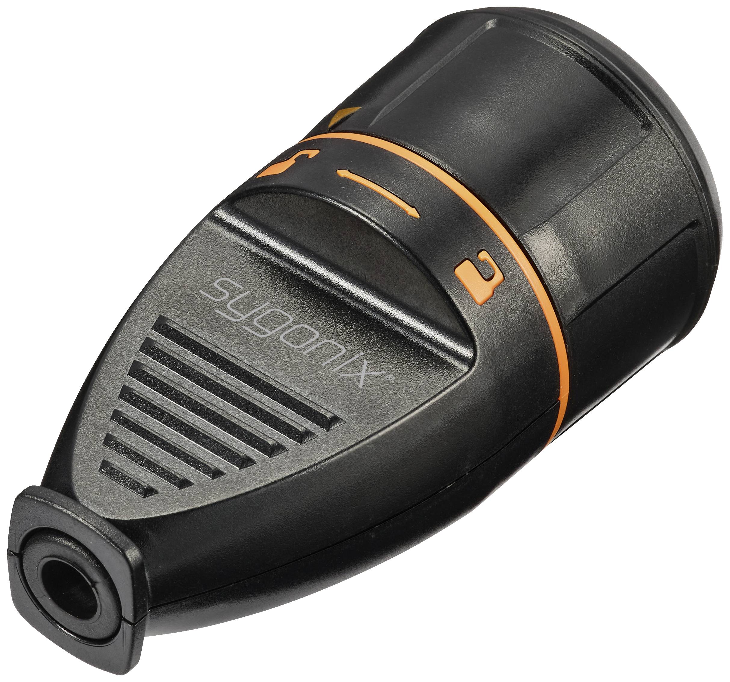 Een zwart, handzaam, zaklamp-achtig apparaat met oranje accenten, met de merknaam 'Sygonix' aan de zijkant.