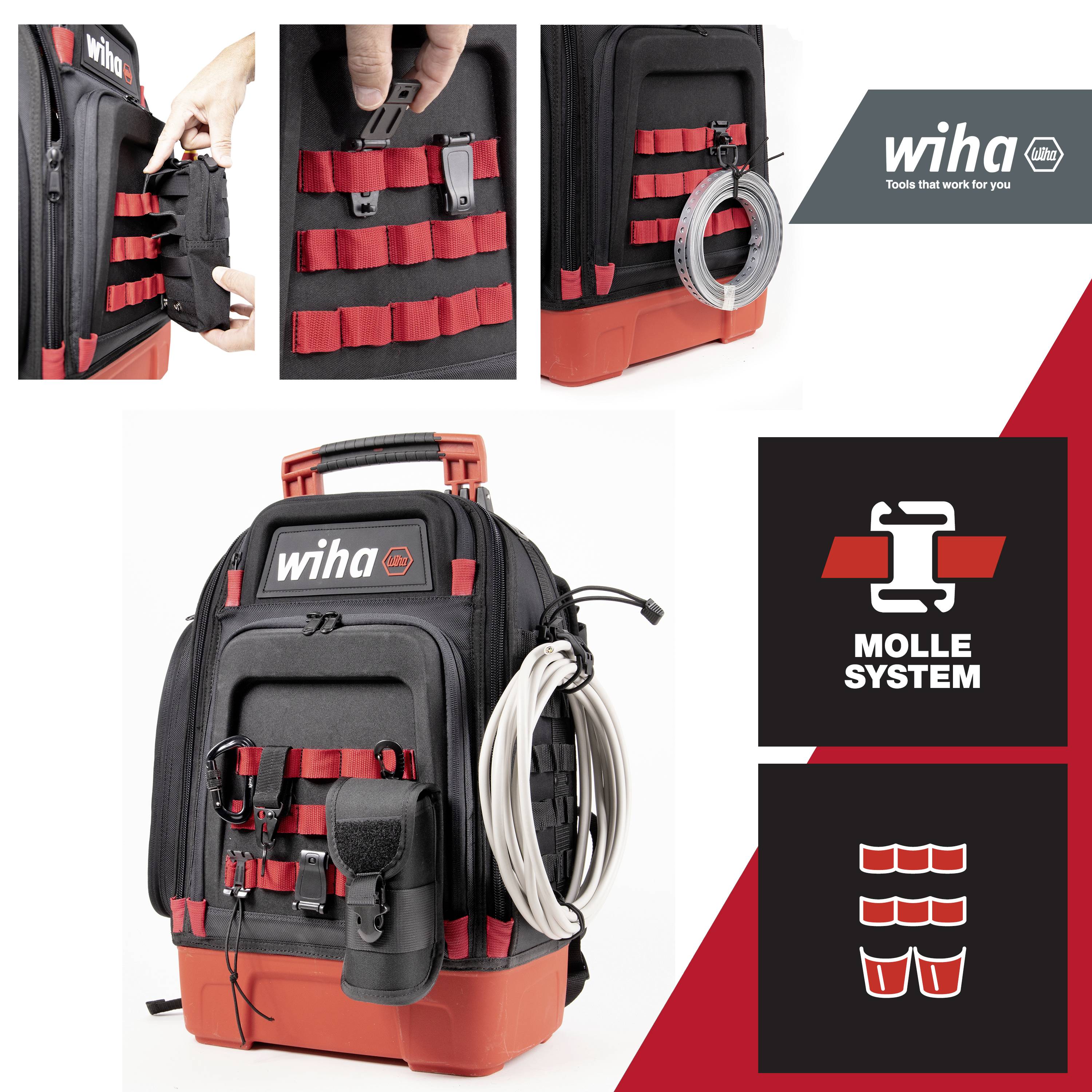 Gereedschapstas met MOLLE-systeem, in rood en zwart, toont bevestigingen voor gereedschap, kabels en een boormachine, merkenlogo bovenaan.
