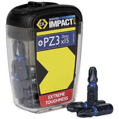 Een verpakking met 15 blauwe PZ3-schroevendraaierbitjes, 25 mm lang, gemarkeerd met 'EXTREME TOUGHNESS' op de verpakking.