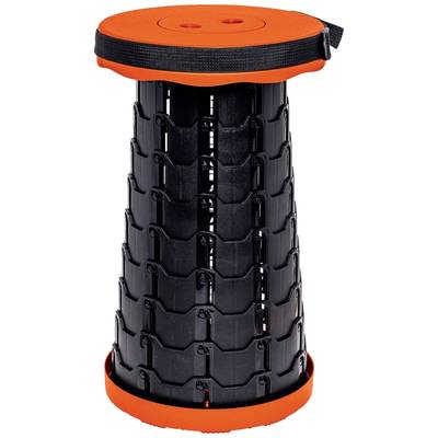 Een uitschuifbare, draagbare kruk in het zwart met een rode zitting en basis, voorzien van een zwarte draagriem.