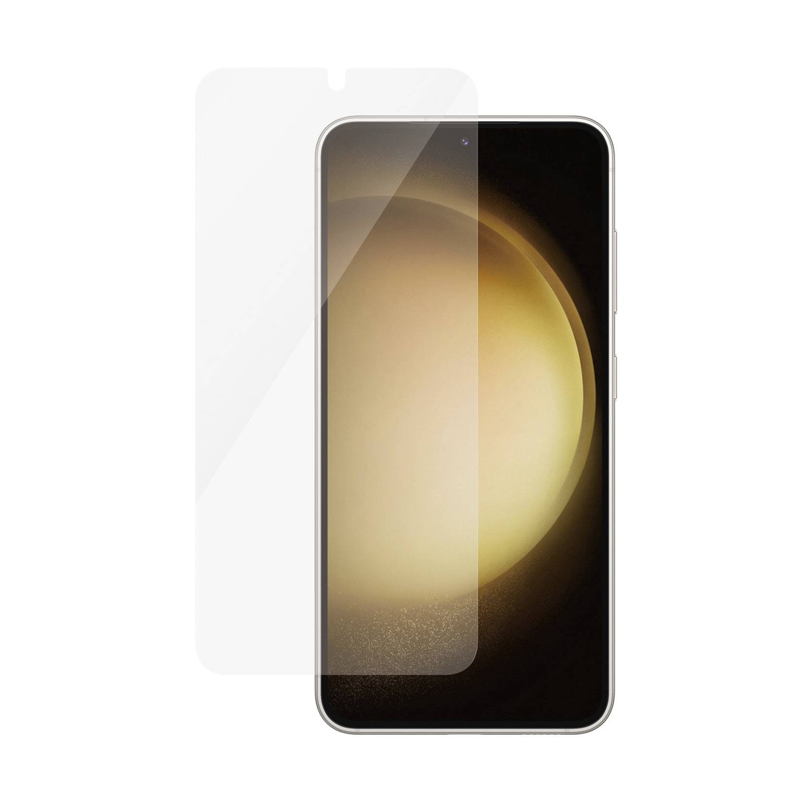 Een smartphone met een abstracte, lichtgevende achtergrondweergave. Ernaast links een transparant schermbeschermglas.