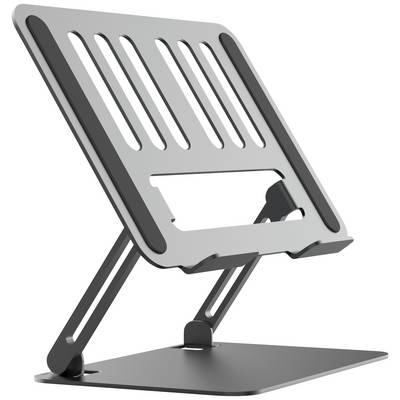 Laptopstandaard van metaal met verstelbare hellingshoeken; maakt ergonomisch werken mogelijk door de laptop op te tillen.