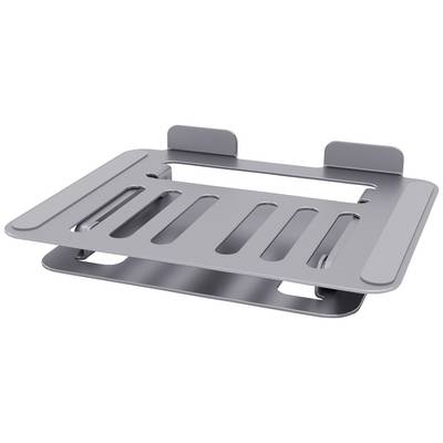 Metalen laptopstandaard met verstelbare hellingshoek en ventilatiesleuven, ideaal voor ergonomisch werken aan het bureau.