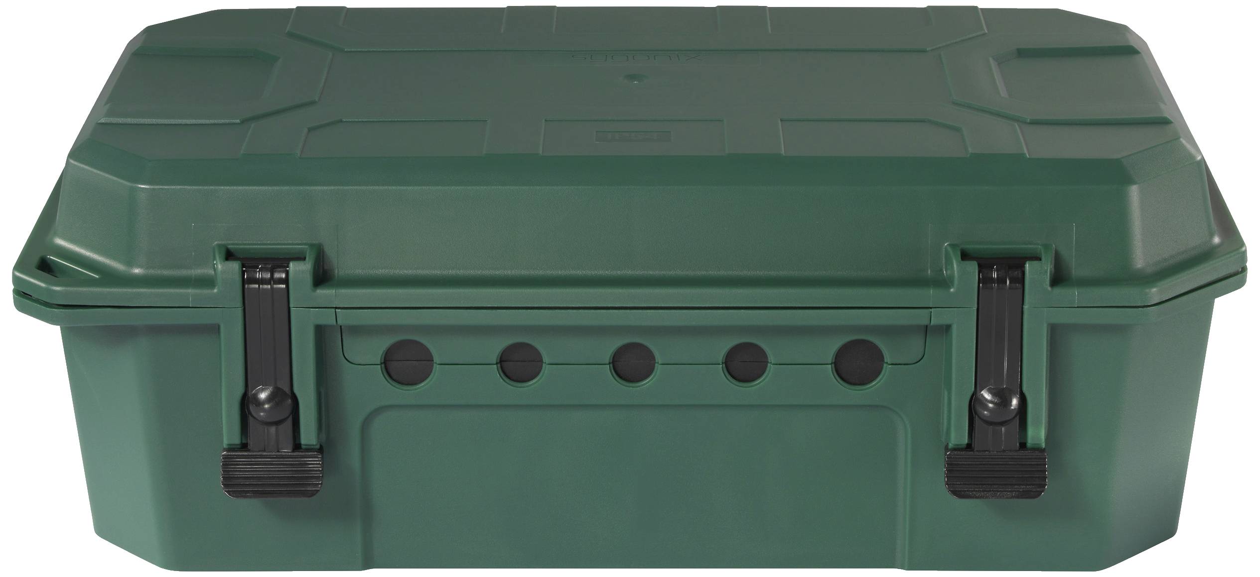 Groene, rechthoekige kunststof doos met zwarte sluitingen aan de voorkant. Deze dient voor opslag en bescherming van voorwerpen.