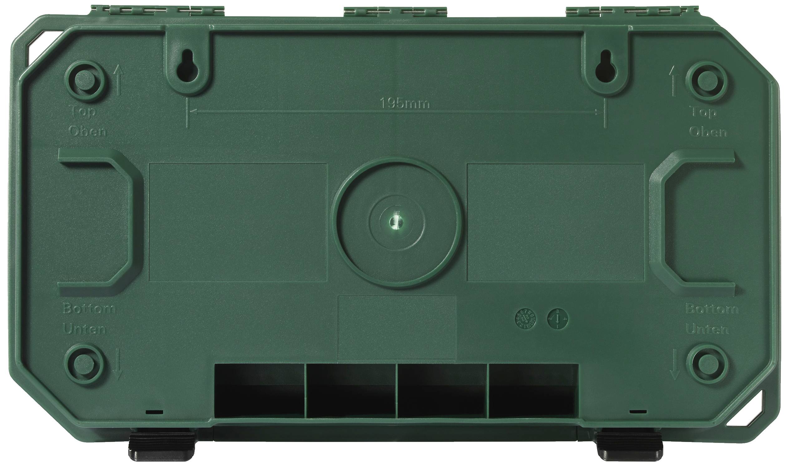 Groene kunststof deksel van een doos met opdruk 'Top/Boven', 'Bottom/Onder', maatvoering '136mm' in het midden, ventilatiesleuven onderaan.