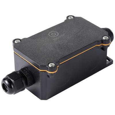 Een rechthoekig, zwart outdoor-elektronicabehuizing met afgeronde hoeken en kabelwartel.