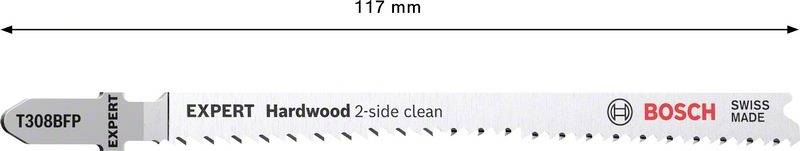 Zaagblad met opschrift 'Bosch Expert Hardwood 2-side clean', lengte 117 mm, voor houtbewerkingen.