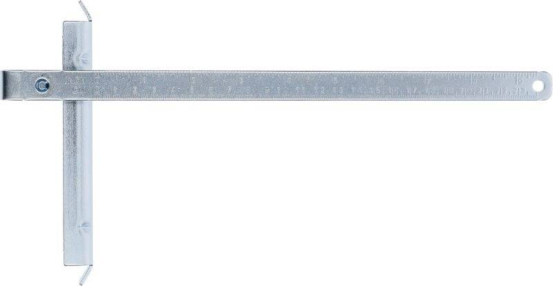 Metalen meetlat met T-vormige aanslag. Maateenheden zijn gemarkeerd in centimeters. Gereedschap voor nauwkeurige lengtemetingen.