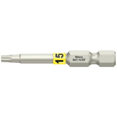 Een zilveren schroevendraaierinzet met een gele ring, waarop staat '15' en 'Wera 867/4 HF'.