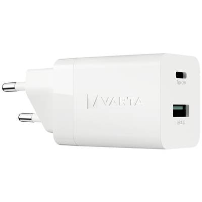 Wit USB-voedingsadapter met twee aansluitingen: Type-C en USB-A. Geschikt voor het opladen van elektronische apparaten.