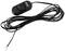 Een zwart audiokabel met een volumenregelaar in het midden en een aansluitstekker aan het uiteinde.
