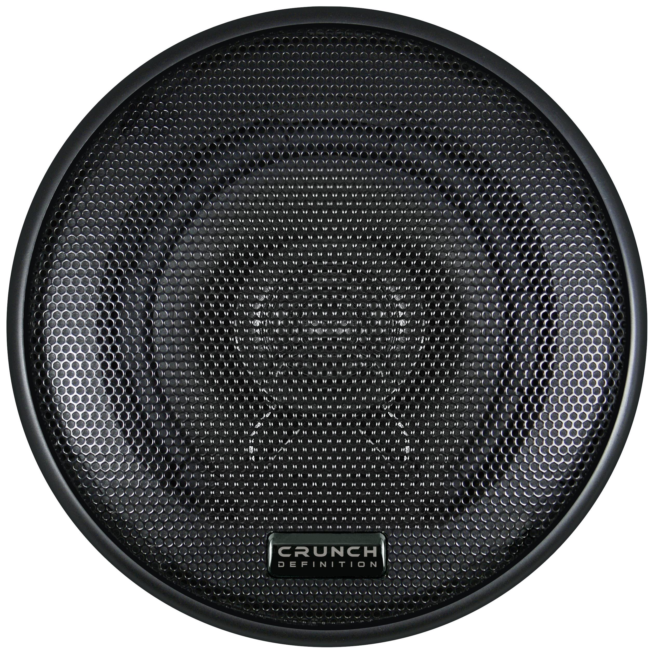 Een zwarte luidspreker met een rasterpatroon en een label 'Crunch Definition' in het midden.
