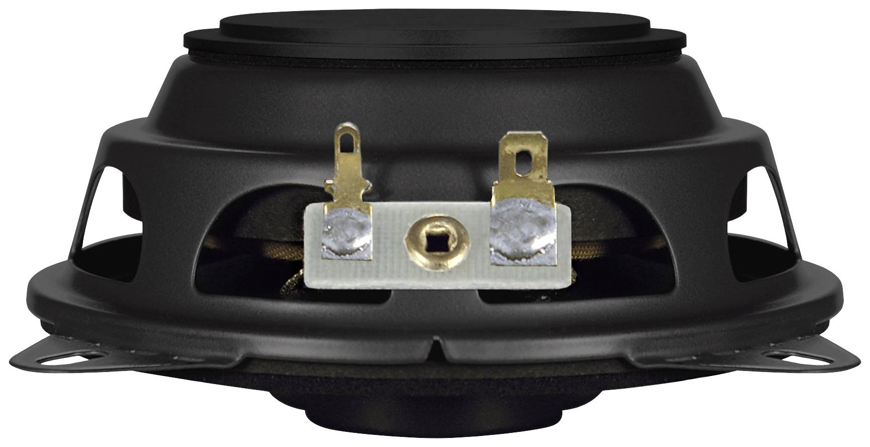 Een zwarte luidspreker in zijaanzicht met zichtbare aansluitingen aan de achterkant.