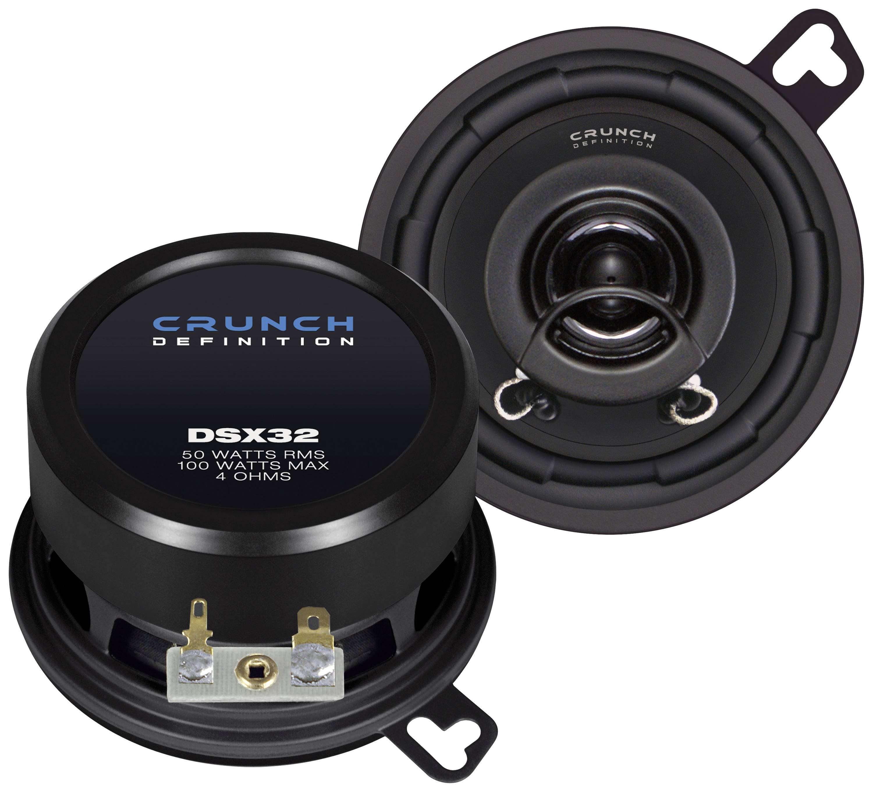 Twee ronde luidsprekers in het zwart, één met zichtbare membraan, de andere toont de achterkant met het opschrift 'CRUNCH DEFINITION DSX32'.