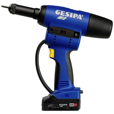 Een blauwe, draadloze accuschroefmachine met Gesipa-logo, displayweergave en ergonomische handgreep. Geschikt voor professionele toepassingen.