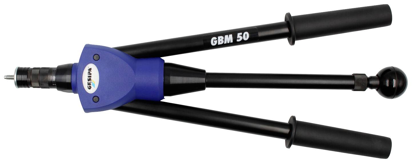Handmatige popnageltang met een blauw behuizing en zwarte handgreep. Markering 'GBM 50' op een handgreep. Apparaat voor het aanbrengen van blindklinknagels.