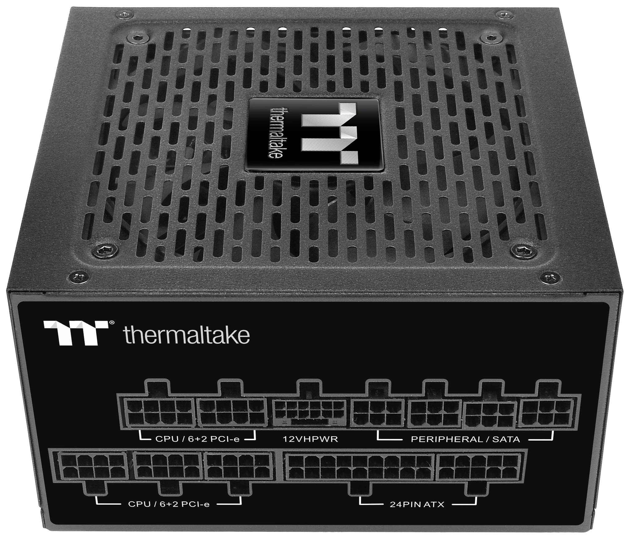 De afbeelding toont een Thermaltake-voedingstoestel met meerdere aansluitpanelen die gelabeld zijn met 'CPU', 'PCI-e', '12VHPWR', 'SATA' en 'ATX'.
