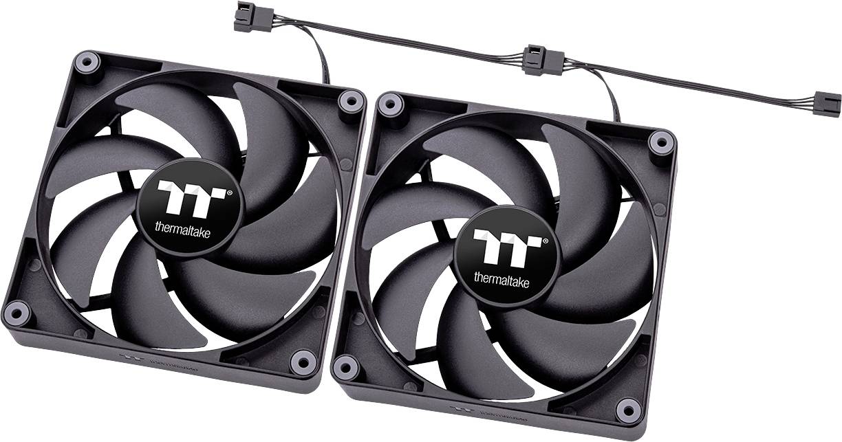 Twee zwarte pc-ventilatoren met het 'Thermaltake'-logo in het midden, verbonden door een kabel.