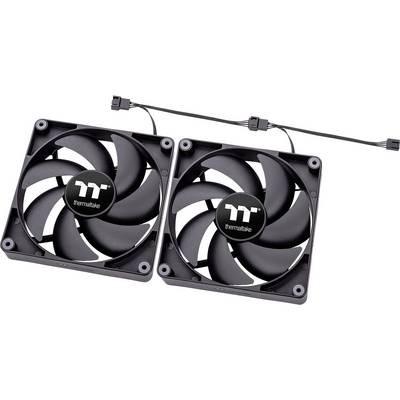Twee zwarte pc-ventilatoren met het 'Thermaltake'-logo in het midden, verbonden door een kabel.