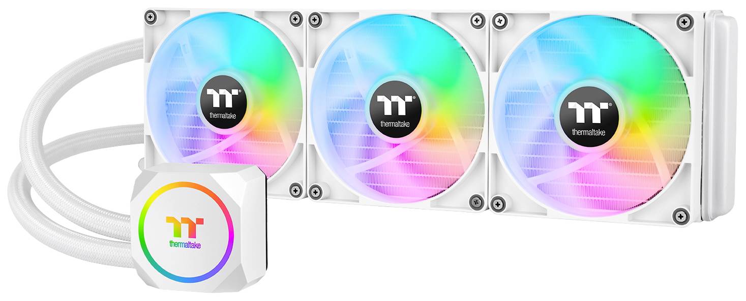 Een witte Thermaltake-waterkoeling met drie RGB-verlichte ventilatoren en een verlicht logo op de pompunit.