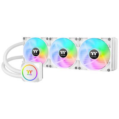 Een witte Thermaltake-waterkoeling met drie RGB-verlichte ventilatoren en een verlicht logo op de pompunit.