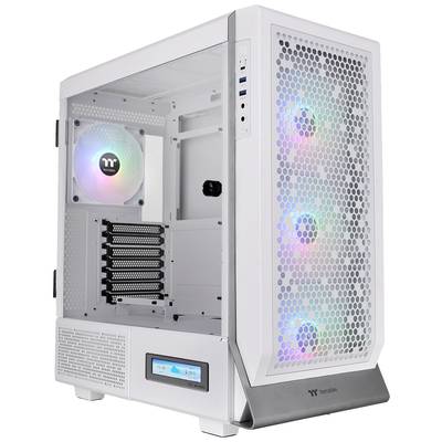 Een wit computerbehuizing met een transparant zijpaneel, RGB-LED-ventilatoren en meerdere uitbreidingssleuven aan de achterkant.