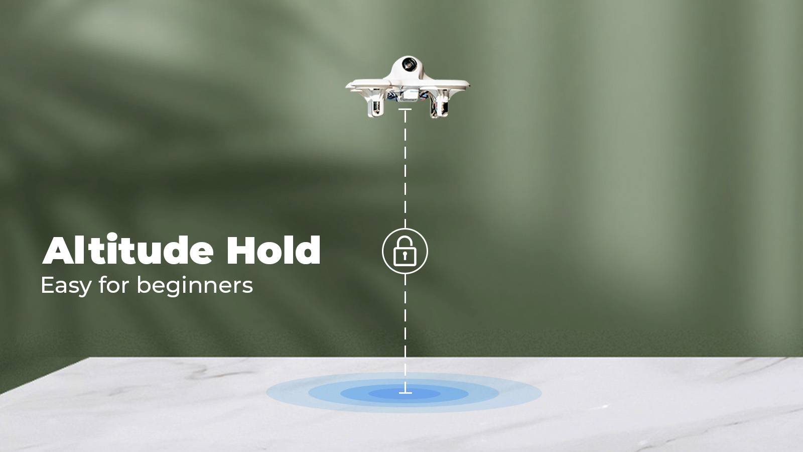 Een drone zweeft boven een doelachtige markering op de grond. Tekst links: 'Hoogtebehoud', 'Makkelijk voor beginners', Aanwijzing voor stabiele vlieghoogte.