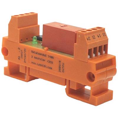 Een oranje relaismodule met meerdere aansluitingen, monteerbaar op een DIN-rail, voor gebruik in elektrische schakelingen.