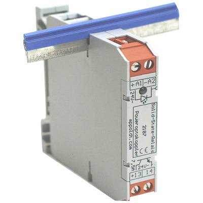 Een grijs solid-state relais met blauwe, rode en zilveren elementen, gemonteerd op een metalen rail, zijaanzicht.