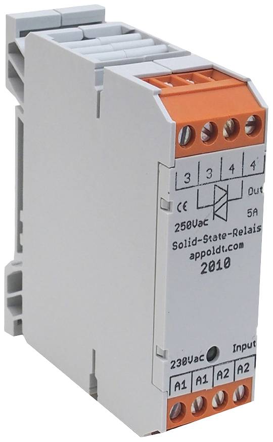 Elektronisch solid-state relais voor DIN-railmontage, ingang 230 V AC, uitgang max. 250 V AC, 5 A, voor industriële toepassingen.