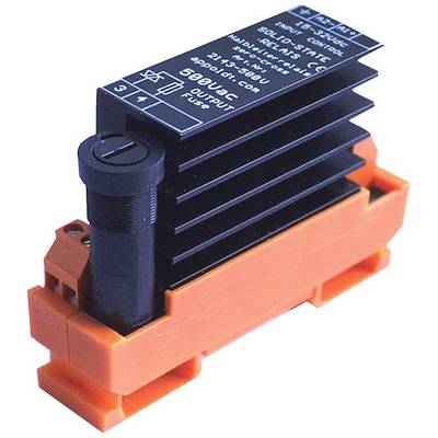 Elektronisch solid-state relais met oranje basis en zwarte warmteafvoer, genaamd 'SSR-10DA'.