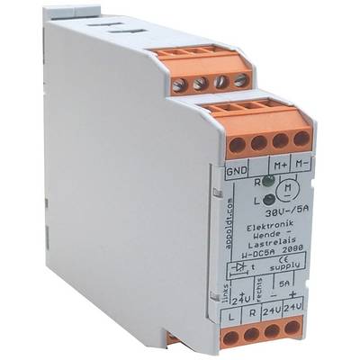 Elektronisch omkeerreverentieel met aansluitingslabels '30V, 5A' en '24V/24V'. Voornamelijk grijze behuizing met oranje bedrading.