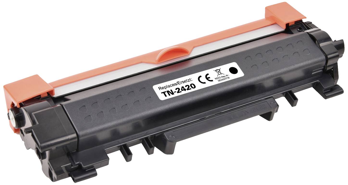 Zwarte tonerpatroon voor printer, model 'TN-2420', met oranje handgreep, CE- en recycling-symbolen op het etiket.