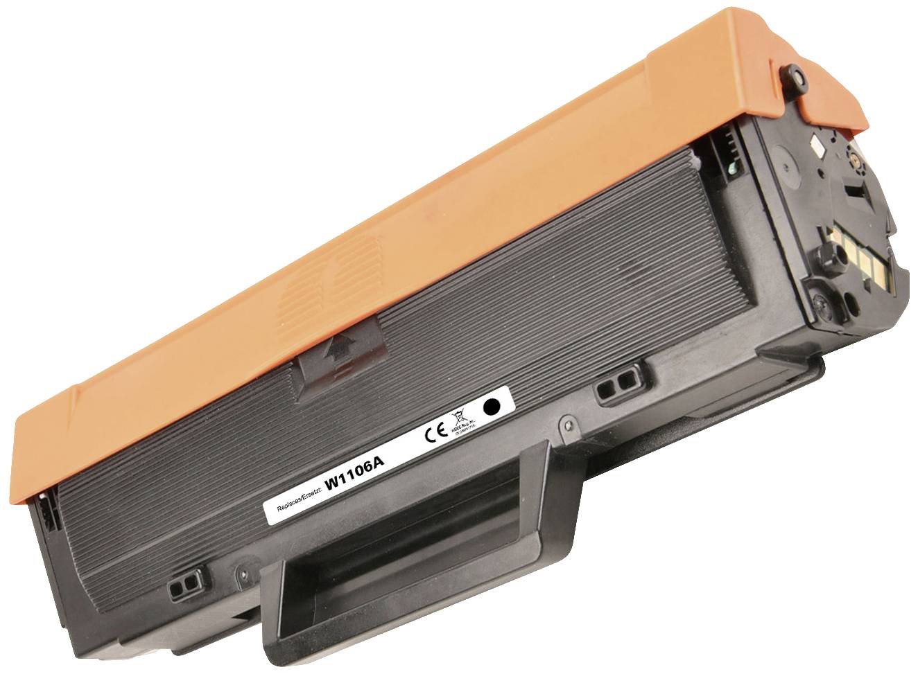 Zwarte tonercartridge met oranje beschermkap, modelnummer W1106A. Geschikt voor laserprinters.