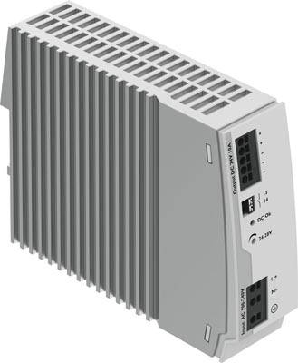 Afbeelding van een schakelnetvoeding met ventilatiesleuven. Opschrift: 'Quint4-PS/1AC/24DC/5' en aansluitdetails op de voorzijde.