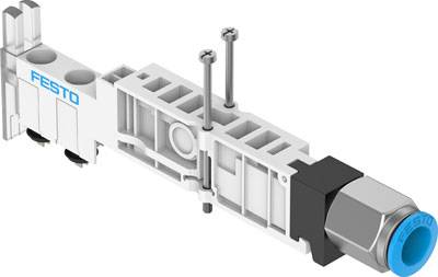 Pneumatische klep van Festo, rechthoekige witte constructie met twee schroeven, blauwe aansluiting rechts.