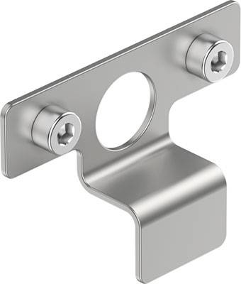 Metalen steunbeugel met een gat in het midden en twee schroefgaten aan de zijkanten, voor bevestiging op een oppervlak.