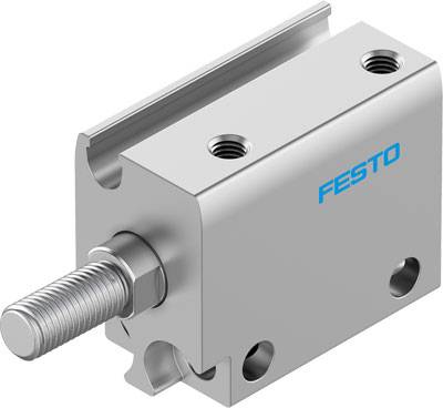 Een zilveren pneumatische cilinder van Festo met linkse schroefdraad. Geschikt voor mechanische toepassingen, compact en robuust.