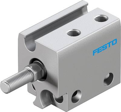 Een compacte pneumatische cilinder met meerdere bevestigingsgaten en een gemarkeerde zuiger die het logo 'Festo' draagt.