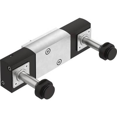 Een lineaire pneumatische cilinder met zwarte eindkappen en een zilverkleurig middendeel, gebruikt voor nauwkeurige mechanische bewegingen.