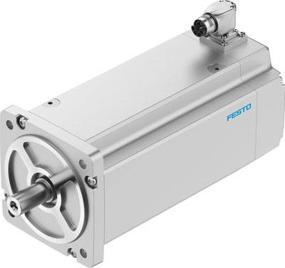 Een compacte, rechthoekige, grijze servomotor met een cilindrische as aan de linkerkant. Bovenaan bevindt zich een stekker.