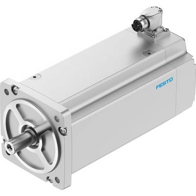 Een compacte, rechthoekige, grijze servomotor met een cilindrische as aan de linkerkant. Bovenaan bevindt zich een stekker.