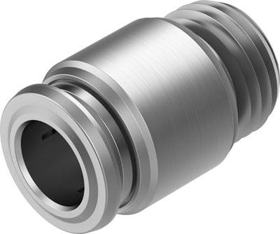 Metalen buisverbinding met cilindrische vorm en gegroefde oppervlakte, geschikt voor pneumatische toepassingen.