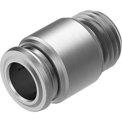 Metalen buisverbinding met cilindrische vorm en gegroefde oppervlakte, geschikt voor pneumatische toepassingen.