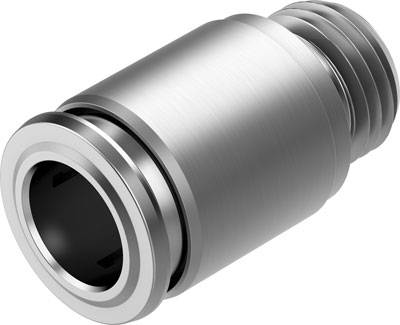 Zilveren metalen verbindingsstuk, cilindrisch met een geribbeld uiteinde, geschikt voor technische of industriële toepassingen.