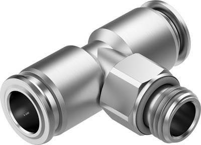 Een zilveren T-stuk met drie aansluitingen voor buizen, gebruikt in technische toepassingen zoals water- of gasleidingen.