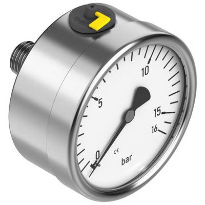Manometer toont drukmeetschaal van 0 tot 16 bar, naald staat op 0. Metalen behuizing, bovenaanzicht toont instelknop in het geel.