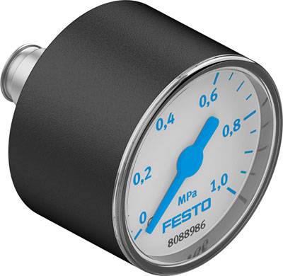 Analoge manometer van Festo voor drukmeting, toont een bereik tot 1,0 MPa, behuizing in zwart met blauwe schaal en wijzer.